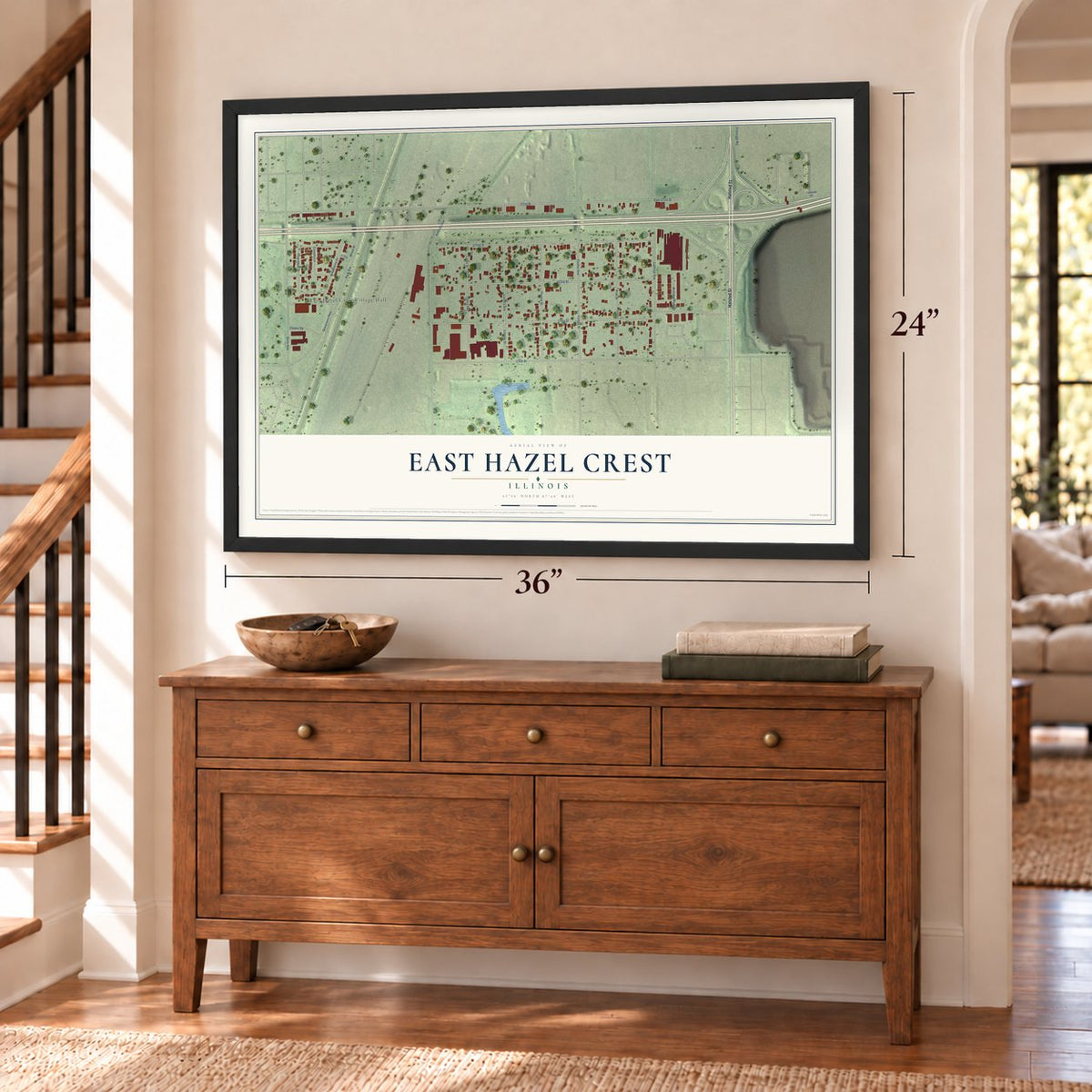 East Hazel Crest, Illinois map, 24 x 36 inch print in a black frame above a dresser by a staircase