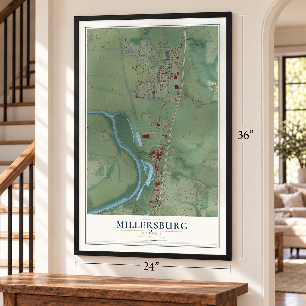 Millersburg, Oregon map, 24 x 36 inch print in a black frame by a staircase