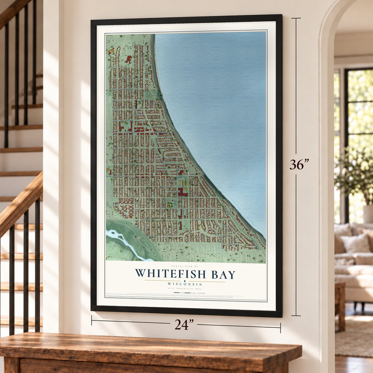 Whitefish Bay, Wisconsin map, 24 x 36 inch print in a black frame by a staircase