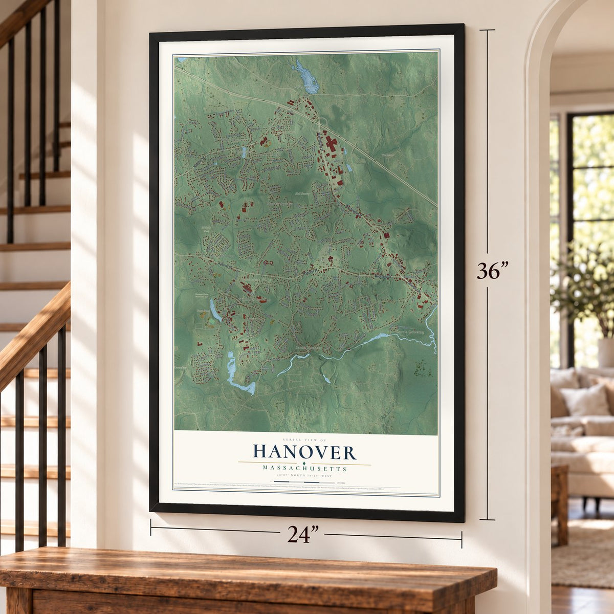Hanover, Massachusetts map, 24 x 36 inch print in a black frame by a staircase