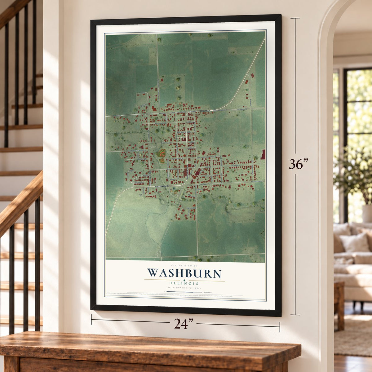Washburn, Illinois map, 24 x 36 inch print in a black frame by a staircase
