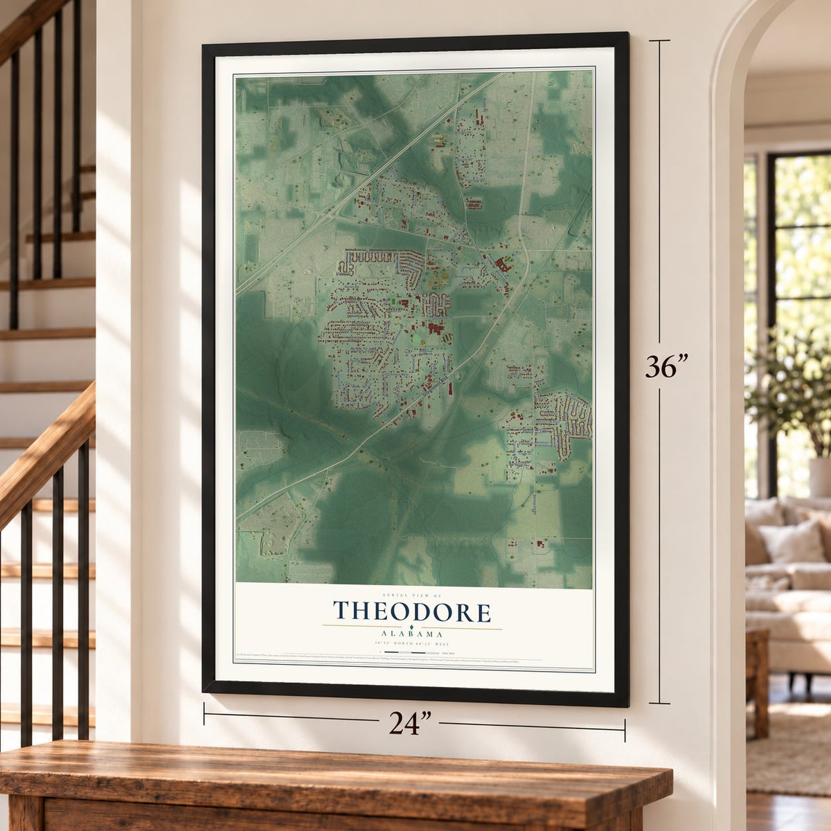 Theodore, Alabama map, 24 x 36 inch print in a black frame by a staircase