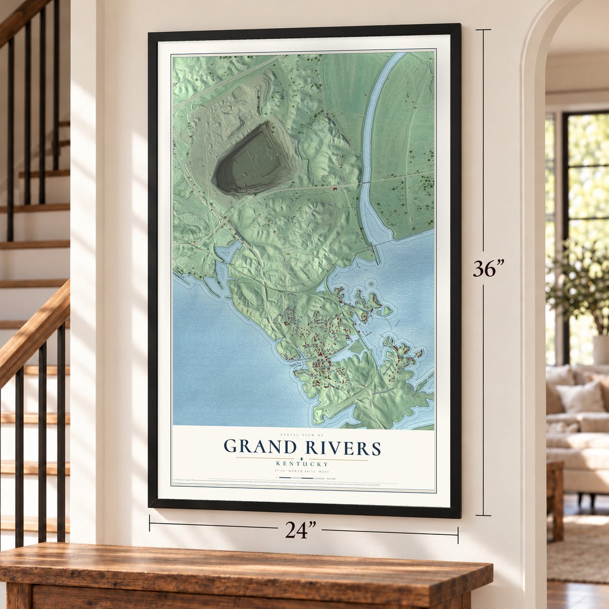 Grand Rivers, Kentucky map, 24 x 36 inch print in a black frame by a staircase