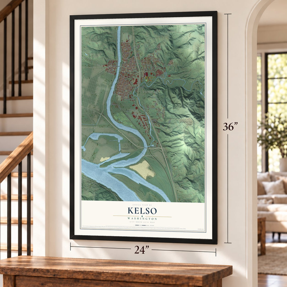 Kelso, Washington map, 24 x 36 inch print in a black frame by a staircase