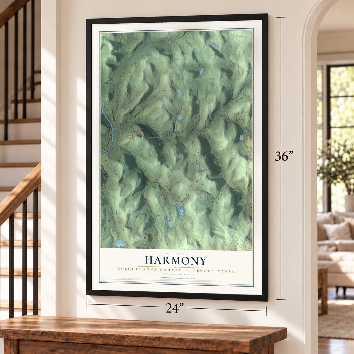 Harmony, Susquehanna County, Pennsylvania map, 24 x 36 inch print in a black frame by a staircase
