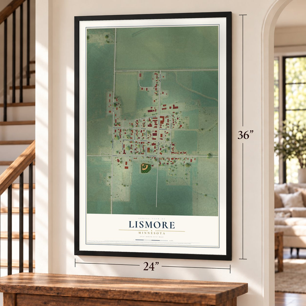 Lismore, Minnesota map, 24 x 36 inch print in a black frame by a staircase