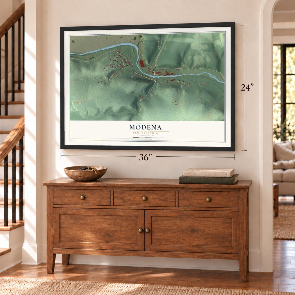 Modena, Pennsylvania map, 24 x 36 inch print in a black frame above a dresser by a staircase