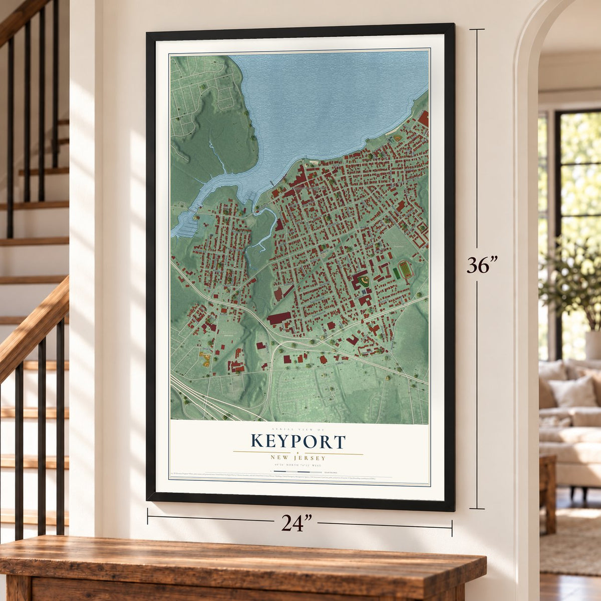 Keyport, New Jersey map, 24 x 36 inch print in a black frame by a staircase