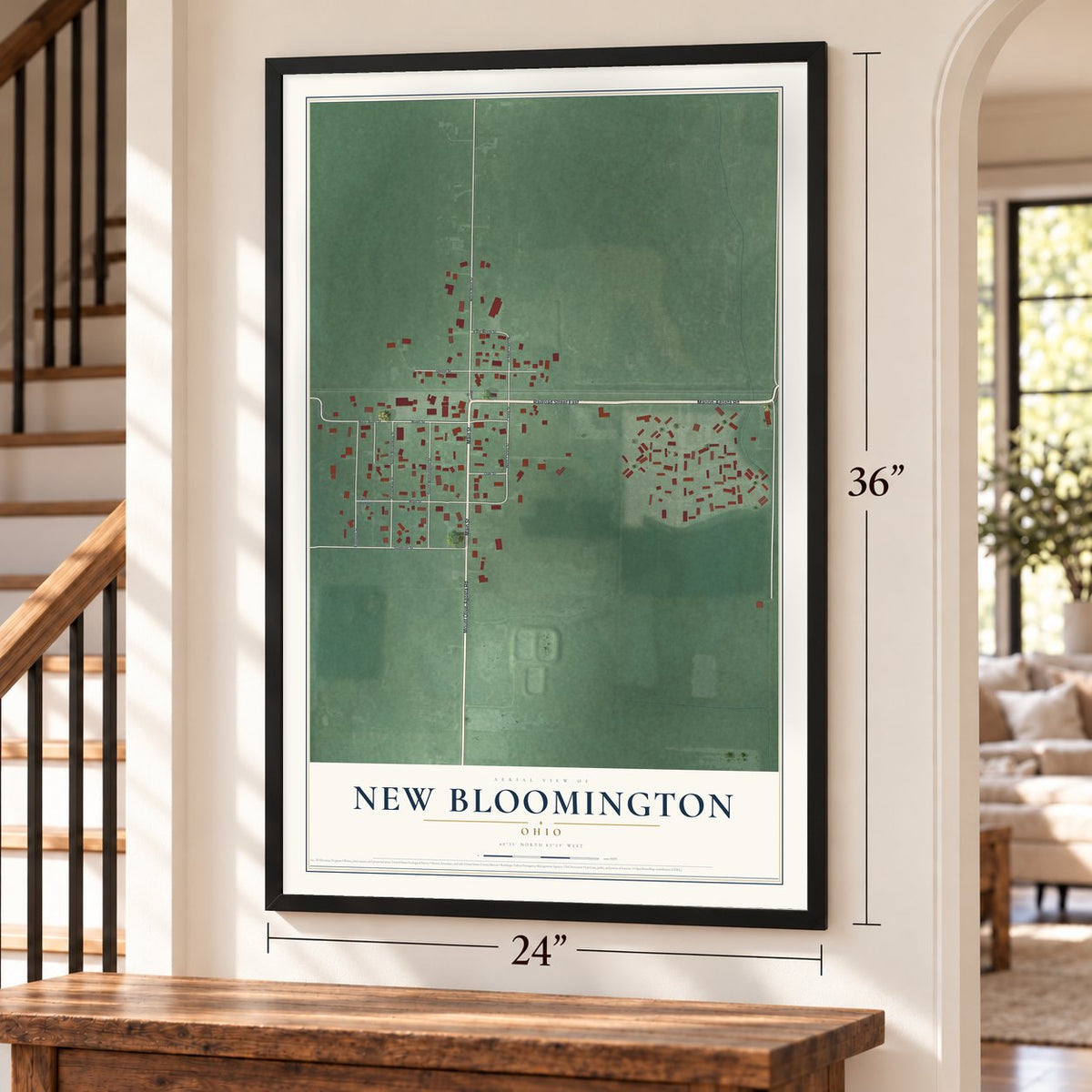 New Bloomington, Ohio map, 24 x 36 inch print in a black frame by a staircase