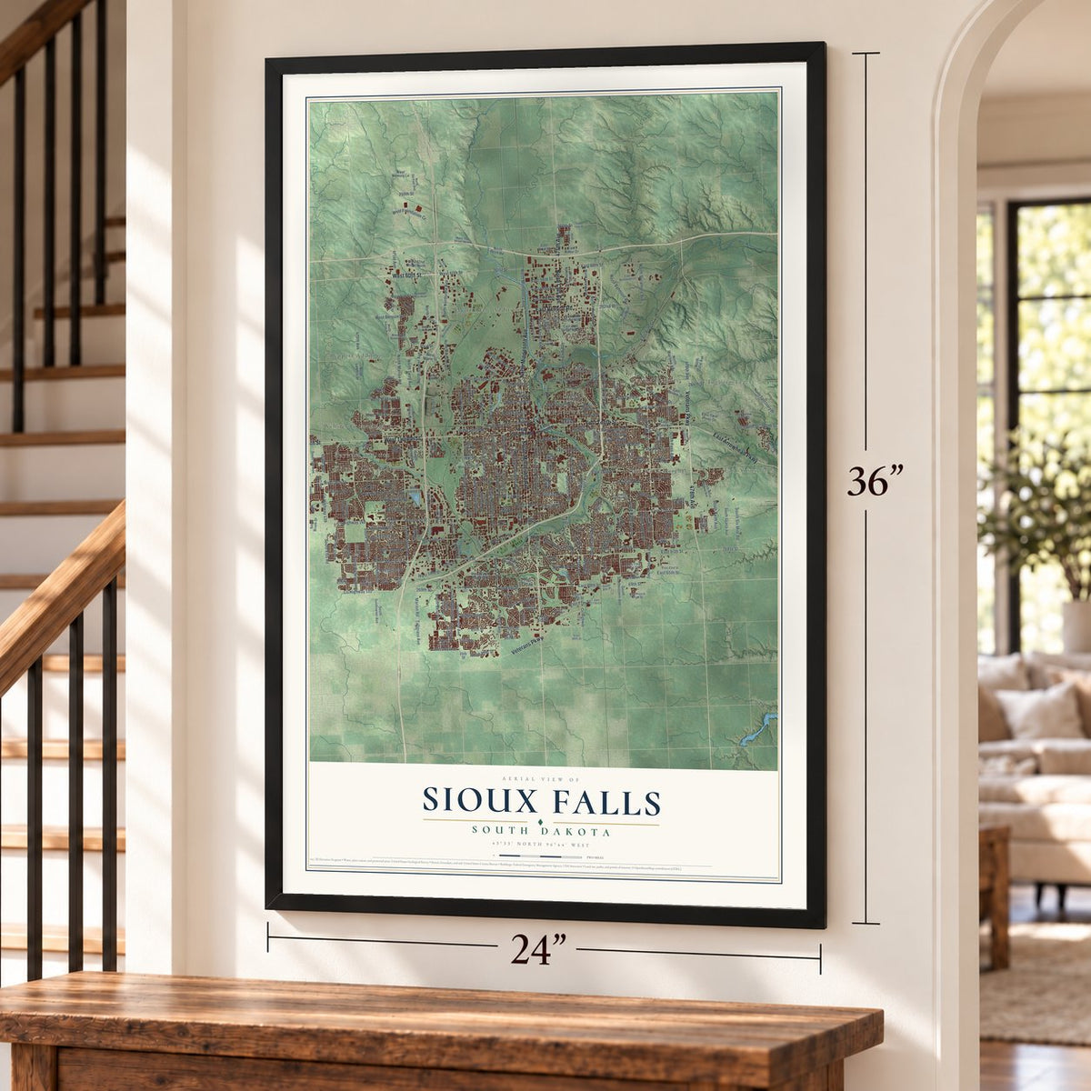 Sioux Falls, South Dakota map, 24 x 36 inch print in a black frame by a staircase