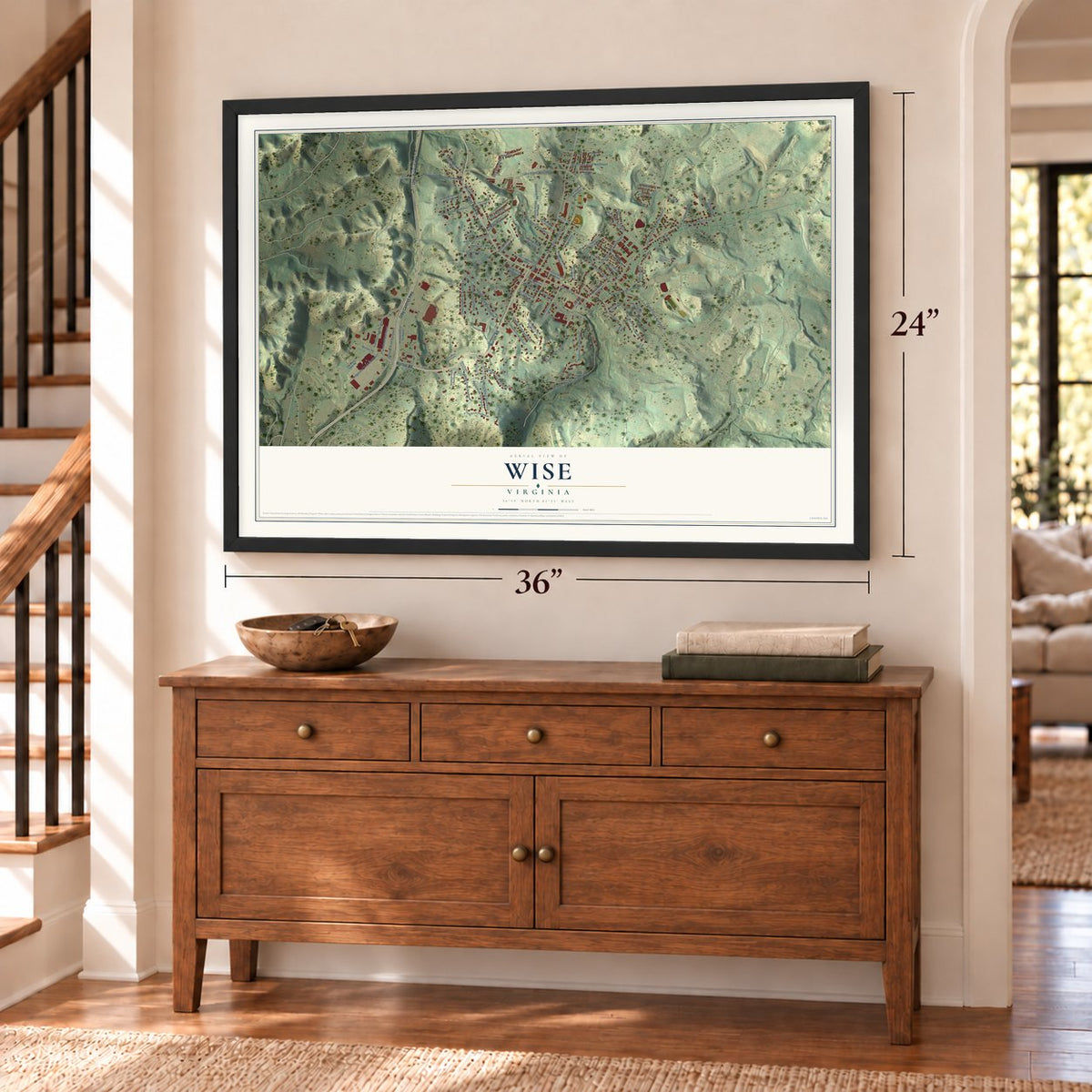 Wise, Virginia map, 24 x 36 inch print in a black frame above a dresser by a staircase