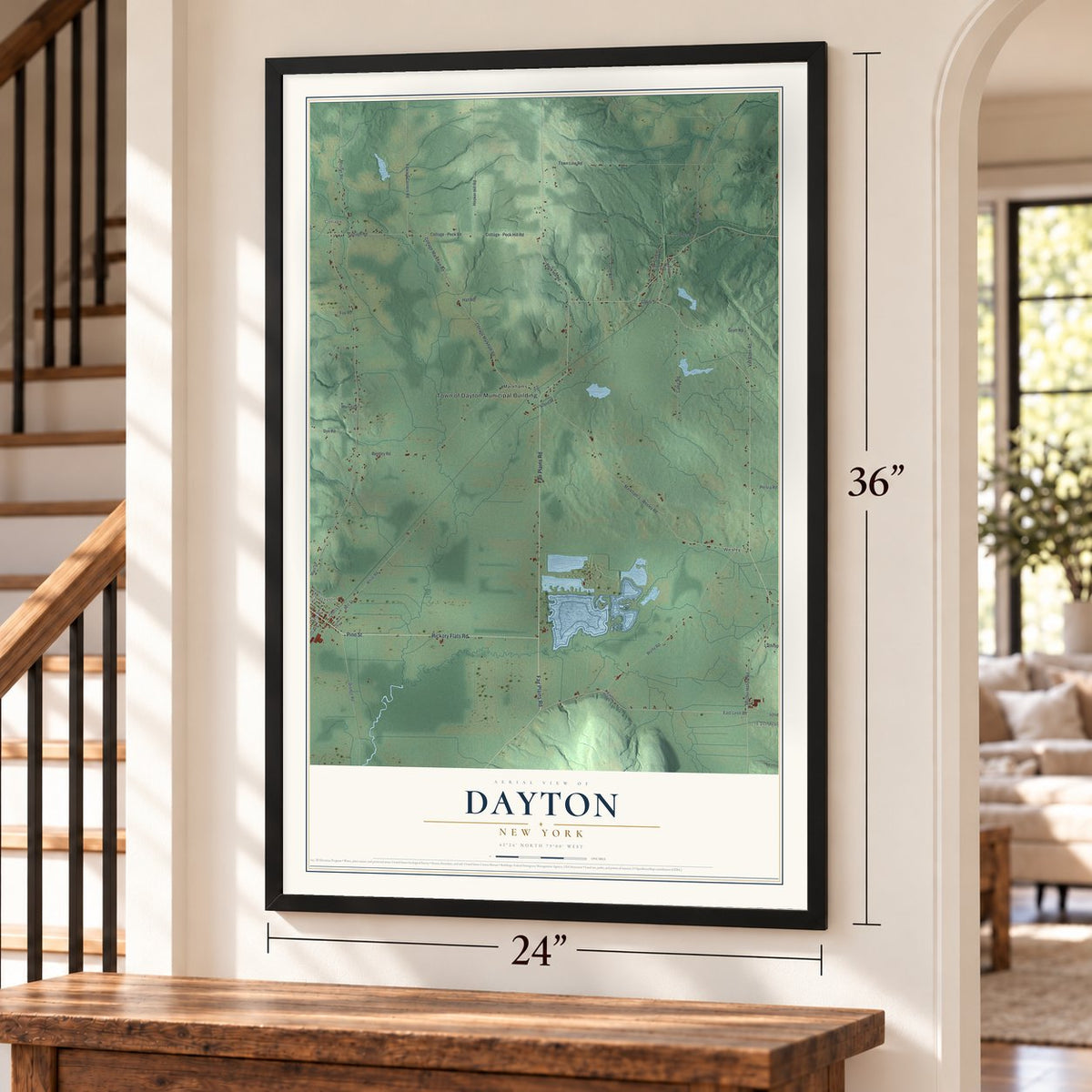 Dayton, New York map, 24 x 36 inch print in a black frame by a staircase