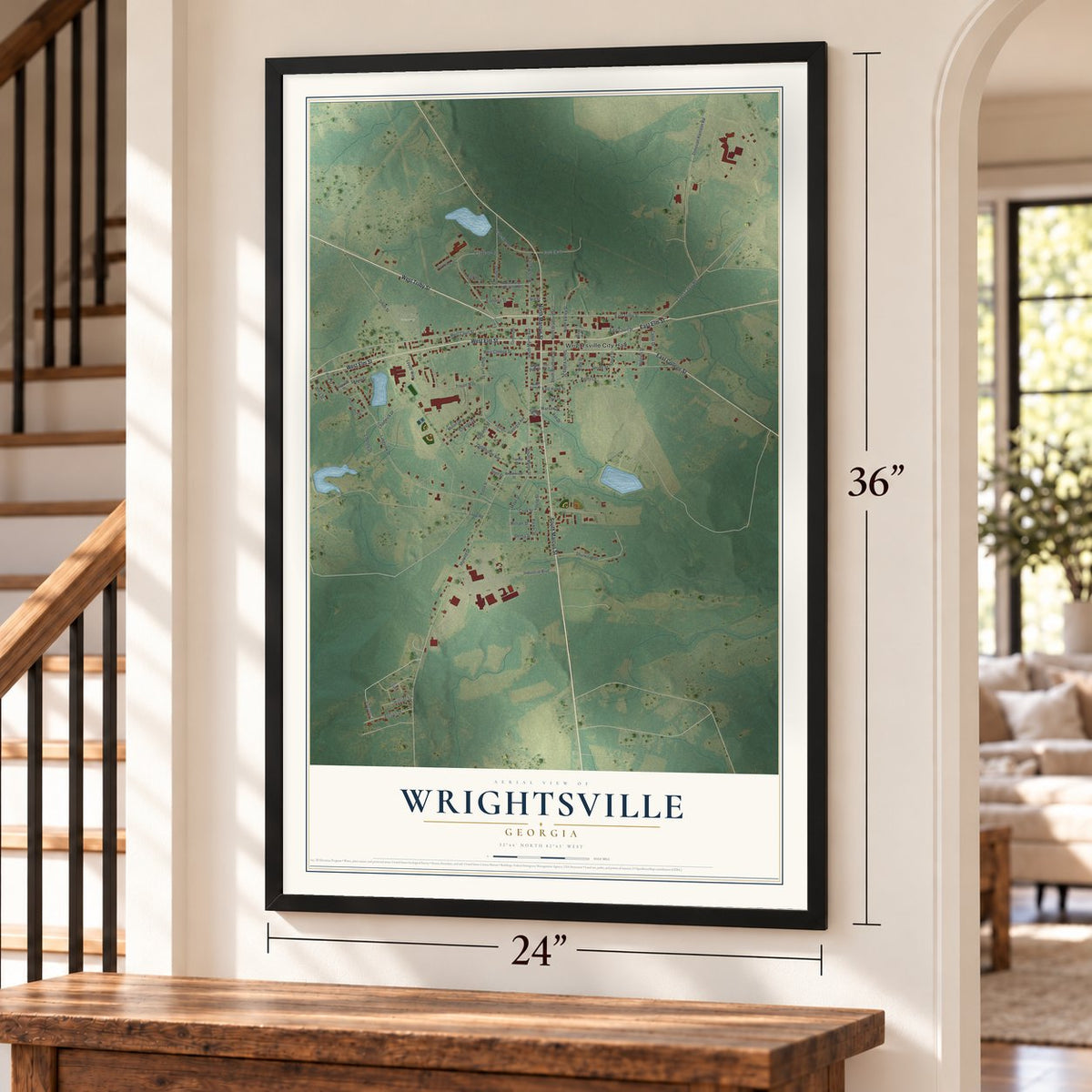 Wrightsville, Georgia map, 24 x 36 inch print in a black frame by a staircase