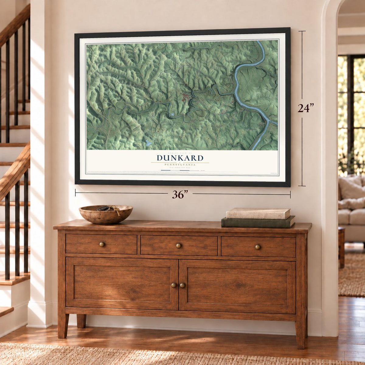 Dunkard, Pennsylvania map, 24 x 36 inch print in a black frame above a dresser by a staircase