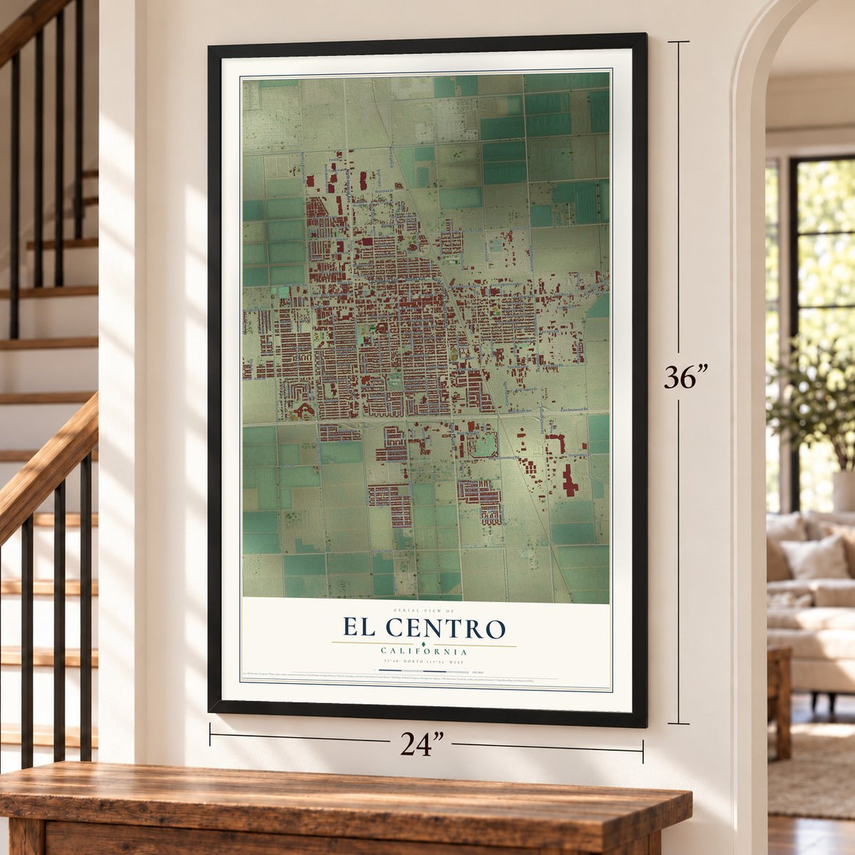 El Centro, California map, 24 x 36 inch print in a black frame by a staircase