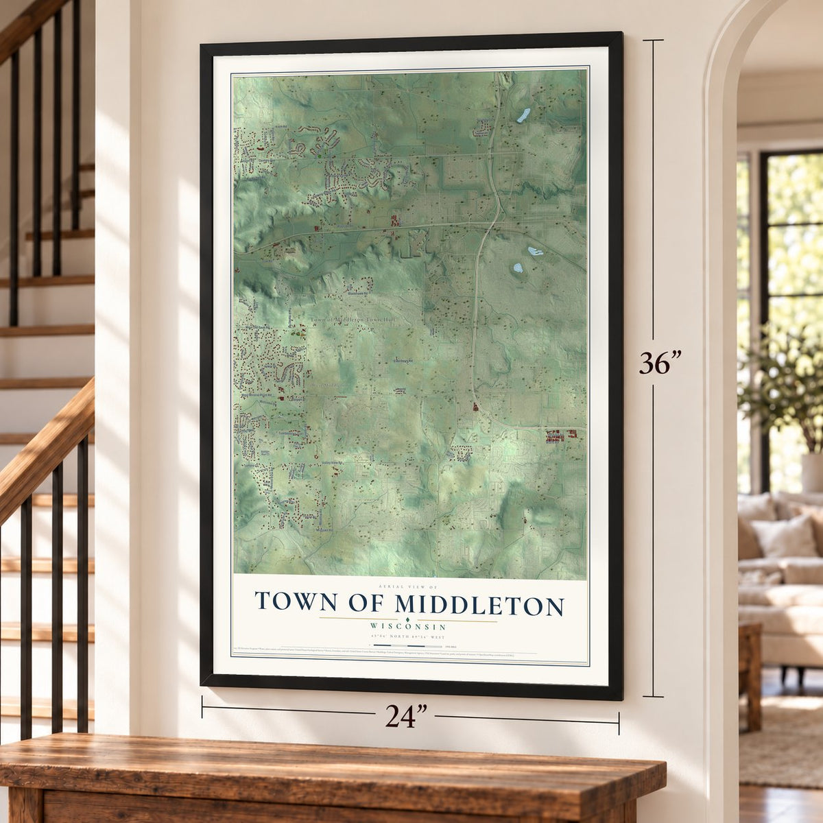 Town of Middleton, Wisconsin map, 24 x 36 inch print in a black frame by a staircase