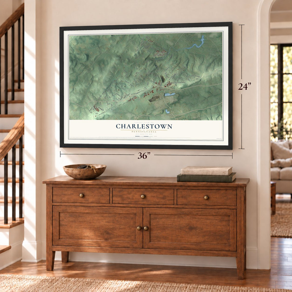 Charlestown, Pennsylvania map, 24 x 36 inch print in a black frame above a dresser by a staircase