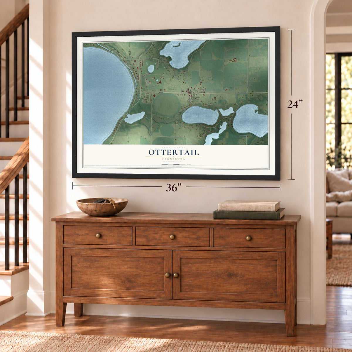 Ottertail, Minnesota map, 24 x 36 inch print in a black frame above a dresser by a staircase