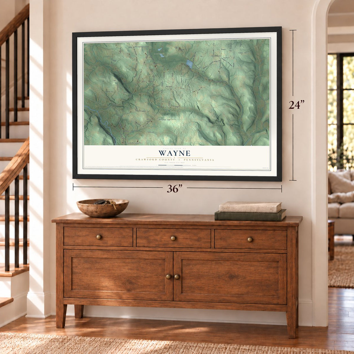 Wayne, Crawford County, Pennsylvania map, 24 x 36 inch print in a black frame above a dresser by a staircase