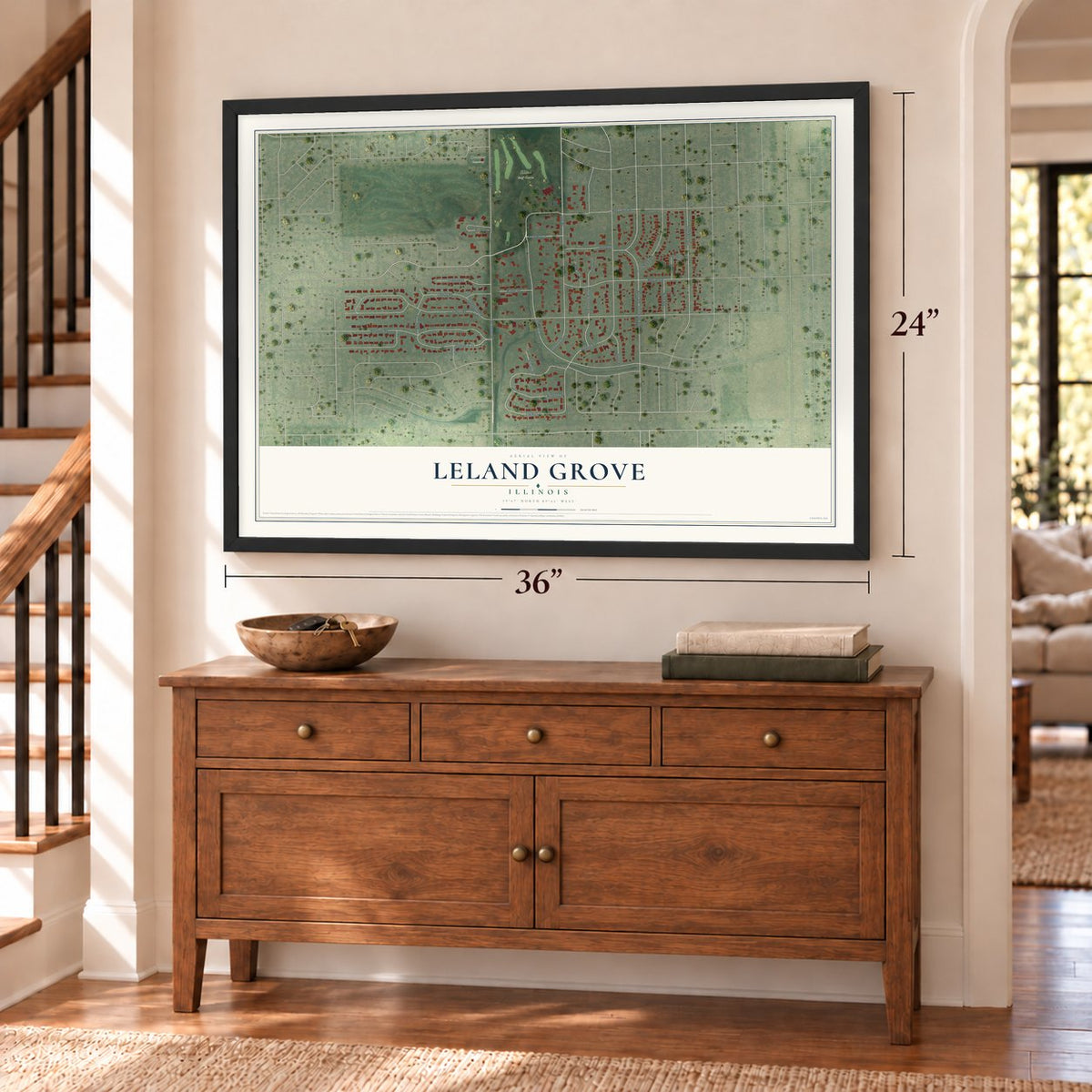 Leland Grove, Illinois map, 24 x 36 inch print in a black frame above a dresser by a staircase