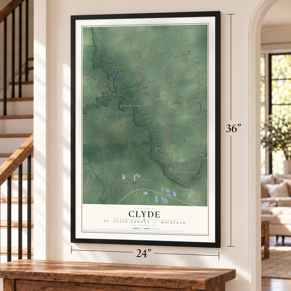 Clyde, St. Clair County, Michigan map, 24 x 36 inch print in a black frame by a staircase