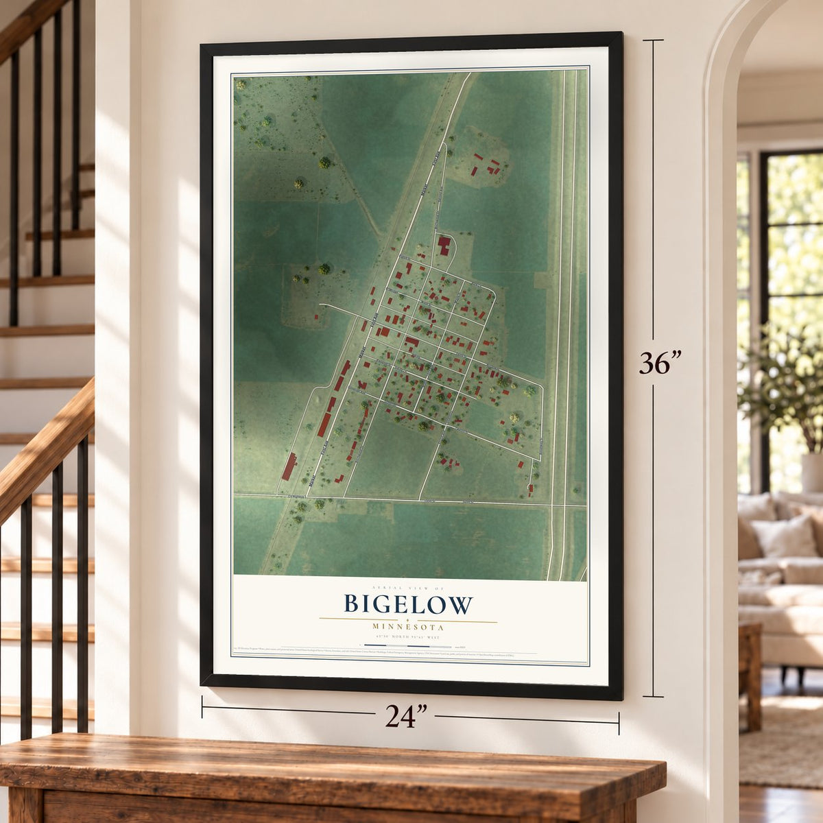 Bigelow, Minnesota map, 24 x 36 inch print in a black frame by a staircase