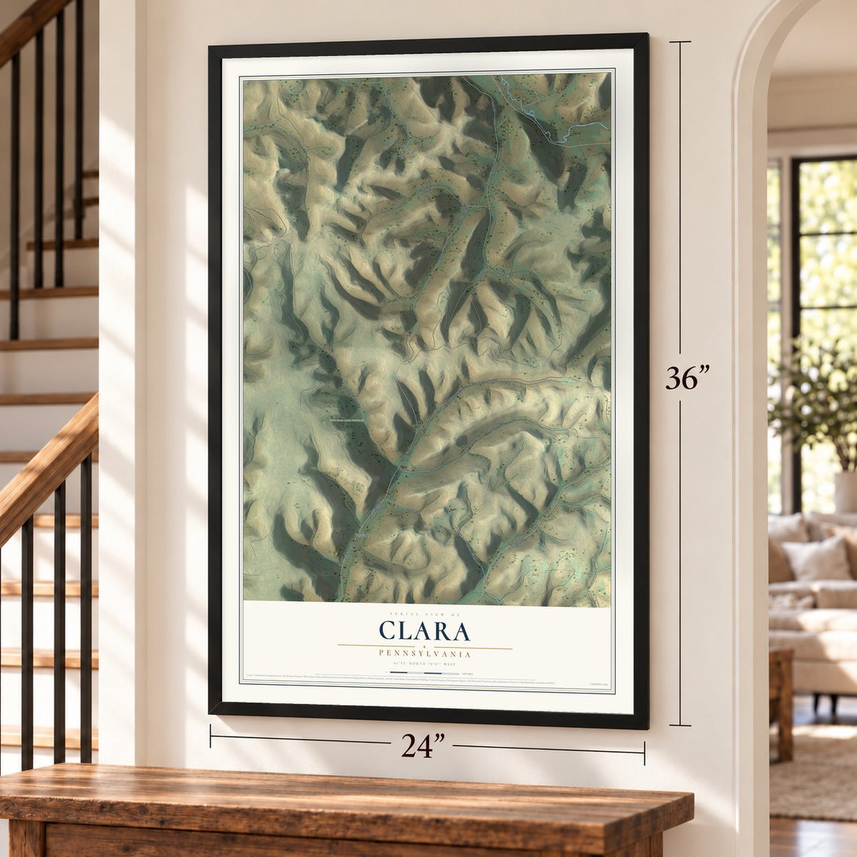 Clara, Pennsylvania map, 24 x 36 inch print in a black frame by a staircase