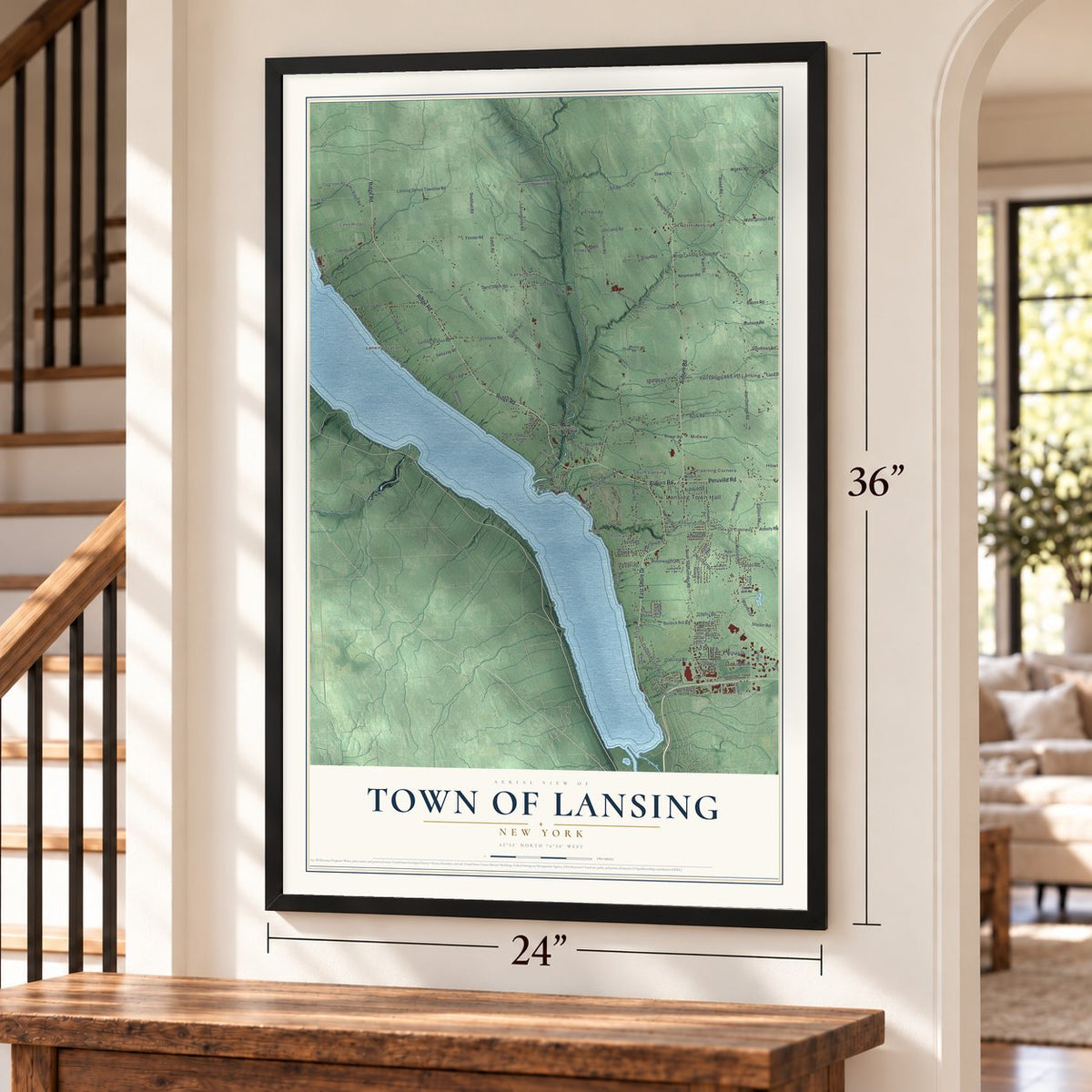 Town of Lansing, New York map, 24 x 36 inch print in a black frame by a staircase