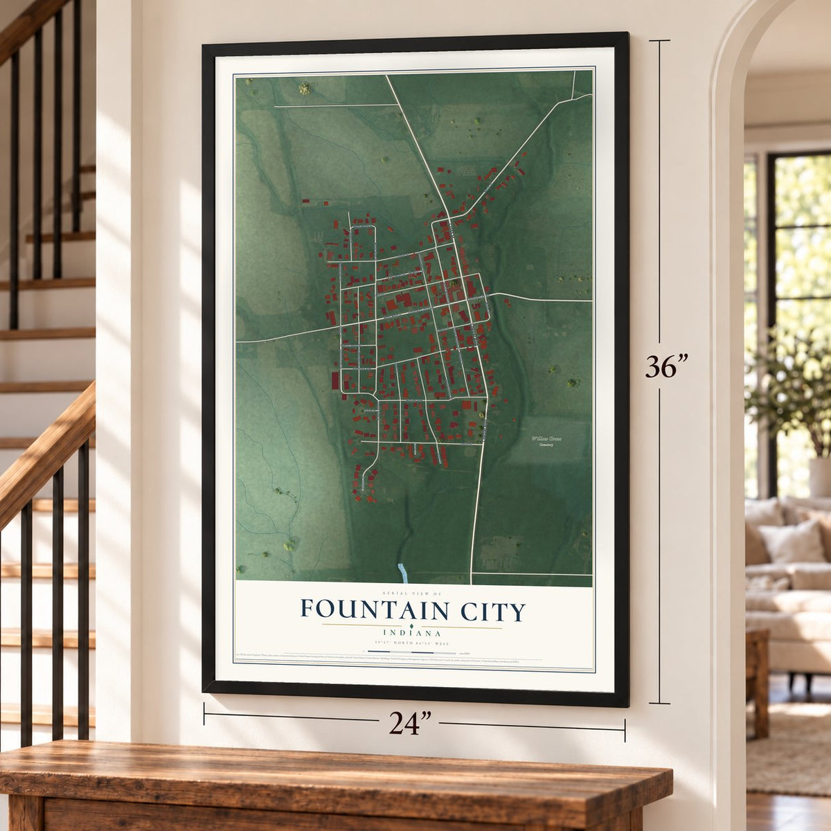 Fountain City, Indiana map, 24 x 36 inch print in a black frame by a staircase