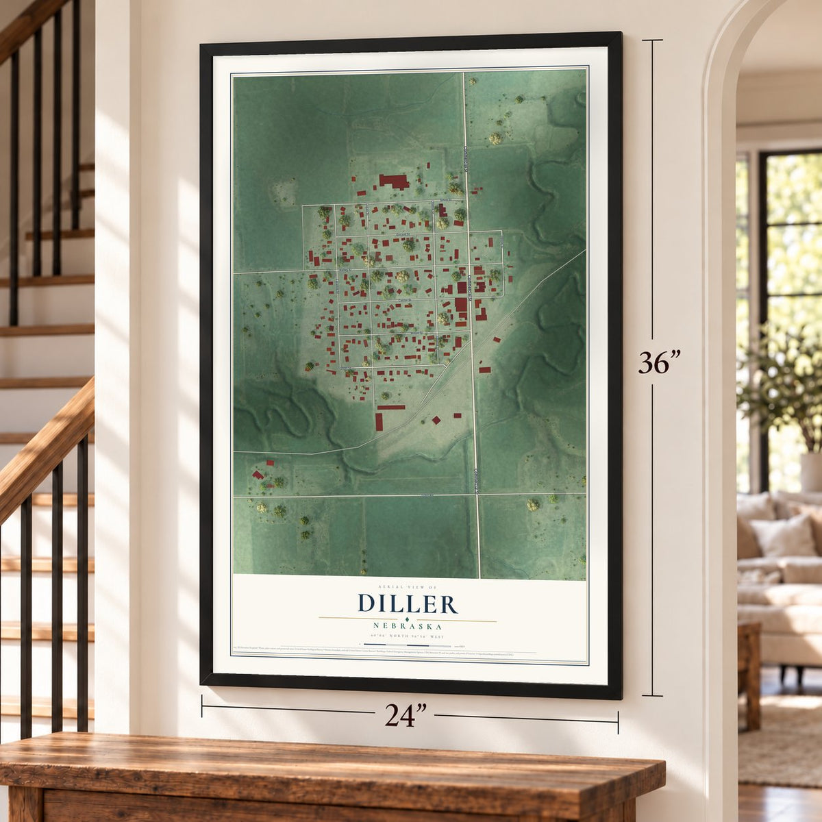 Diller, Nebraska map, 24 x 36 inch print in a black frame by a staircase