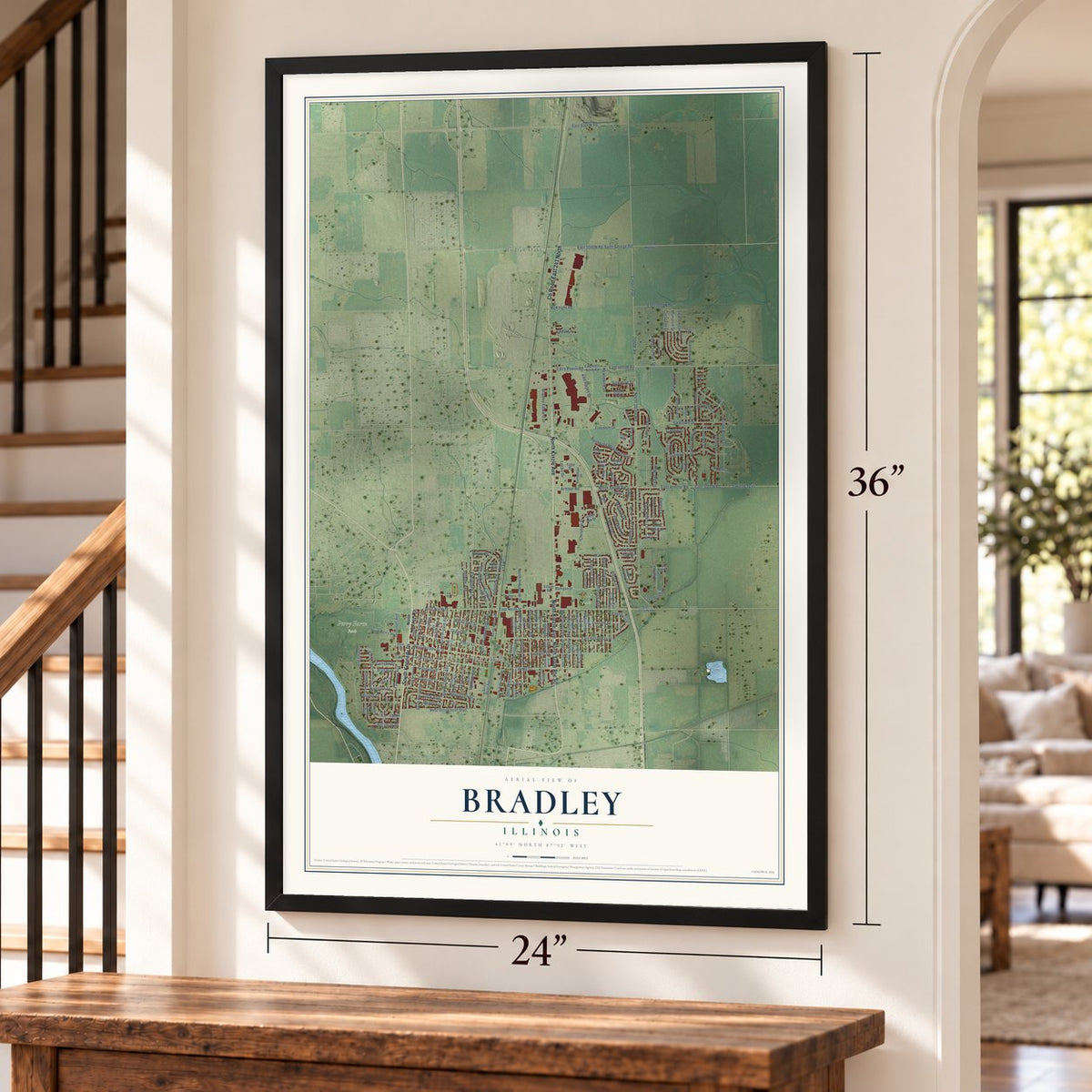 Bradley, Illinois map, 24 x 36 inch print in a black frame by a staircase