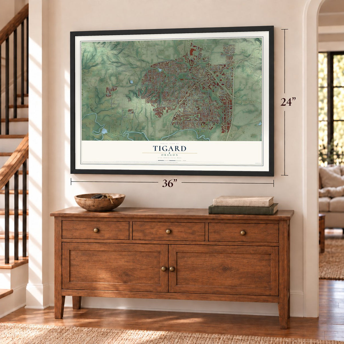 Tigard, Oregon map, 24 x 36 inch print in a black frame above a dresser by a staircase