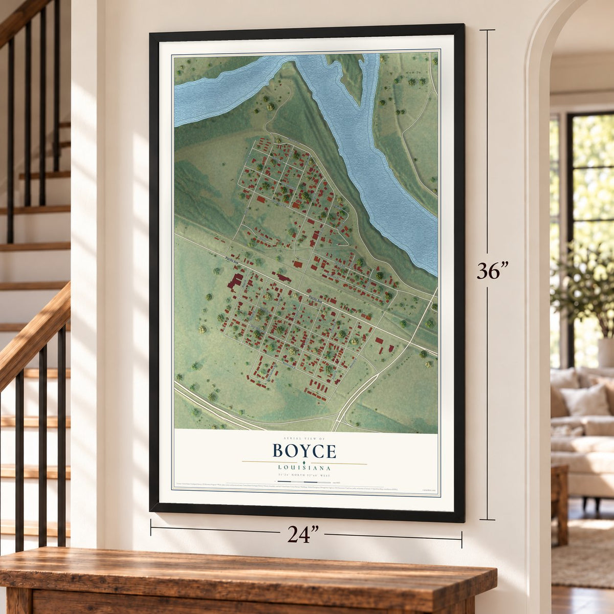 Boyce, Louisiana map, 24 x 36 inch print in a black frame by a staircase
