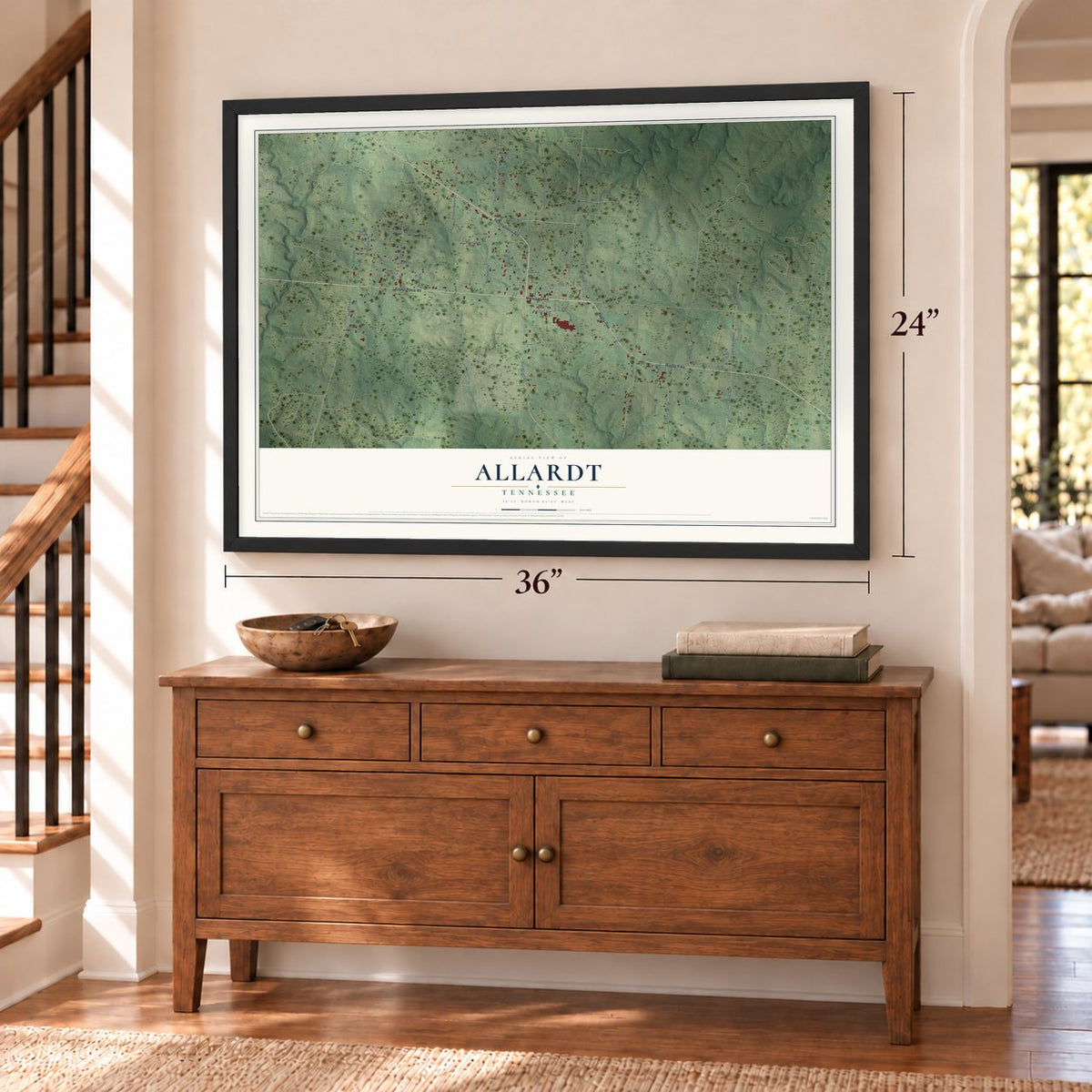 Allardt, Tennessee map, 24 x 36 inch print in a black frame above a dresser by a staircase
