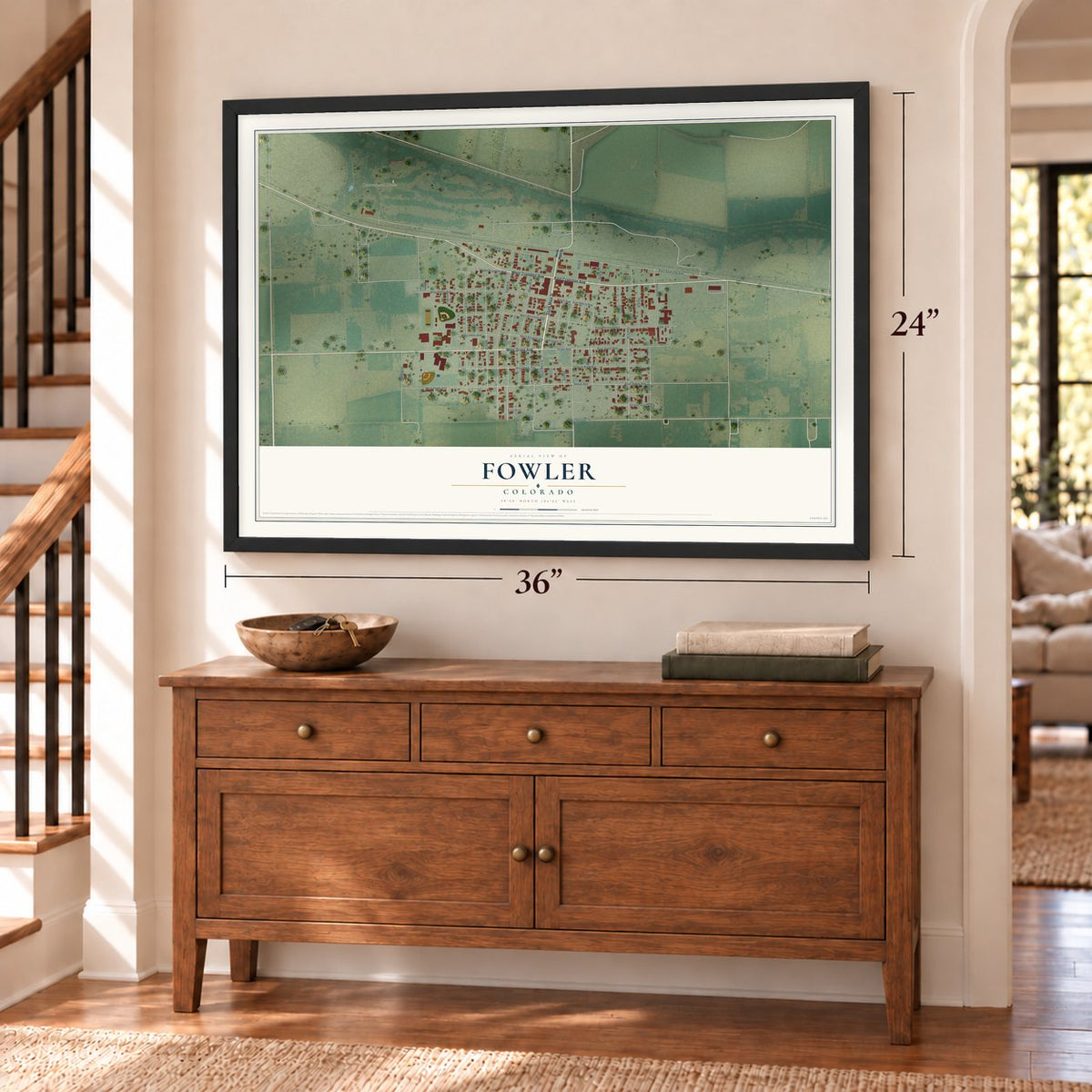 Fowler, Colorado map, 24 x 36 inch print in a black frame above a dresser by a staircase