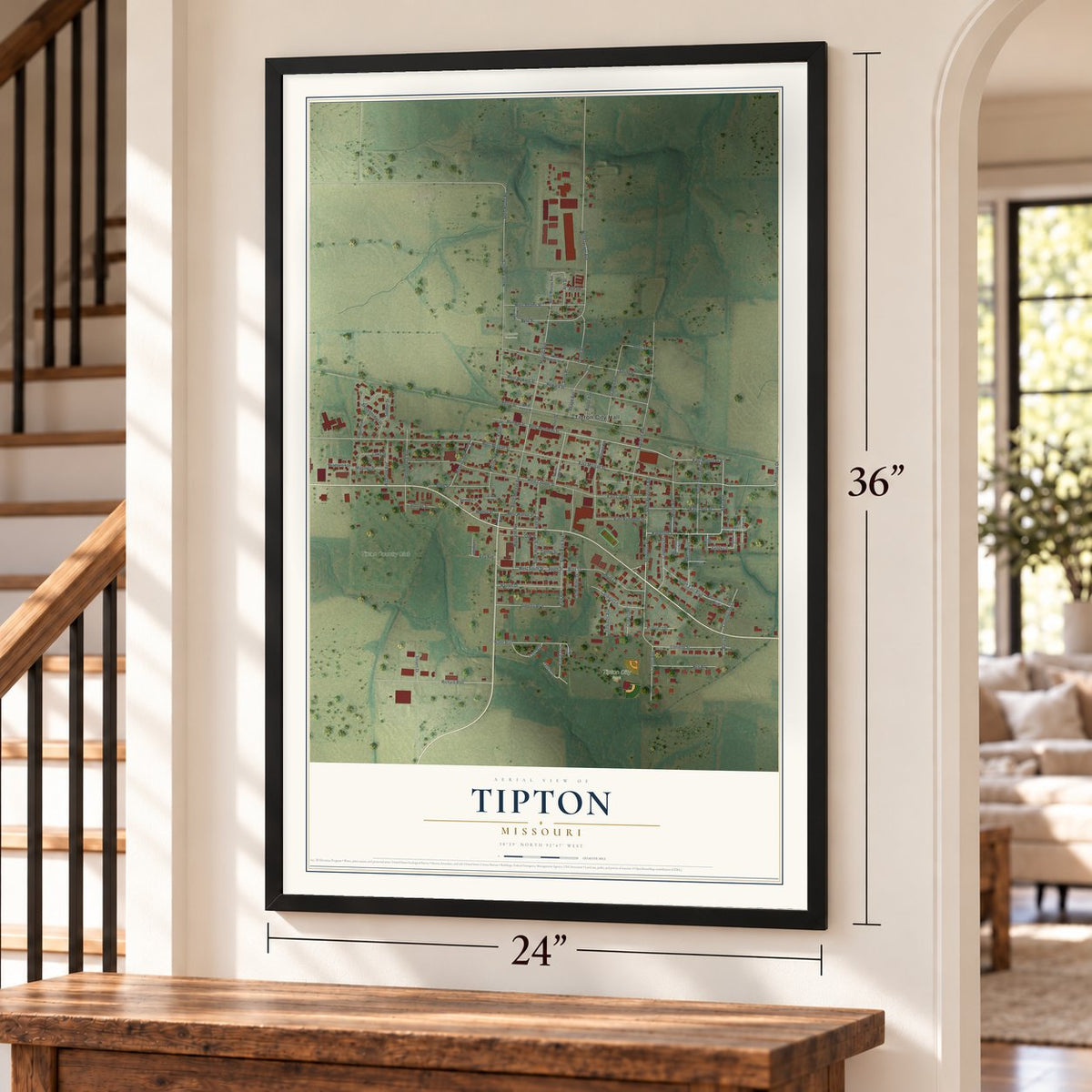 Tipton, Missouri map, 24 x 36 inch print in a black frame by a staircase