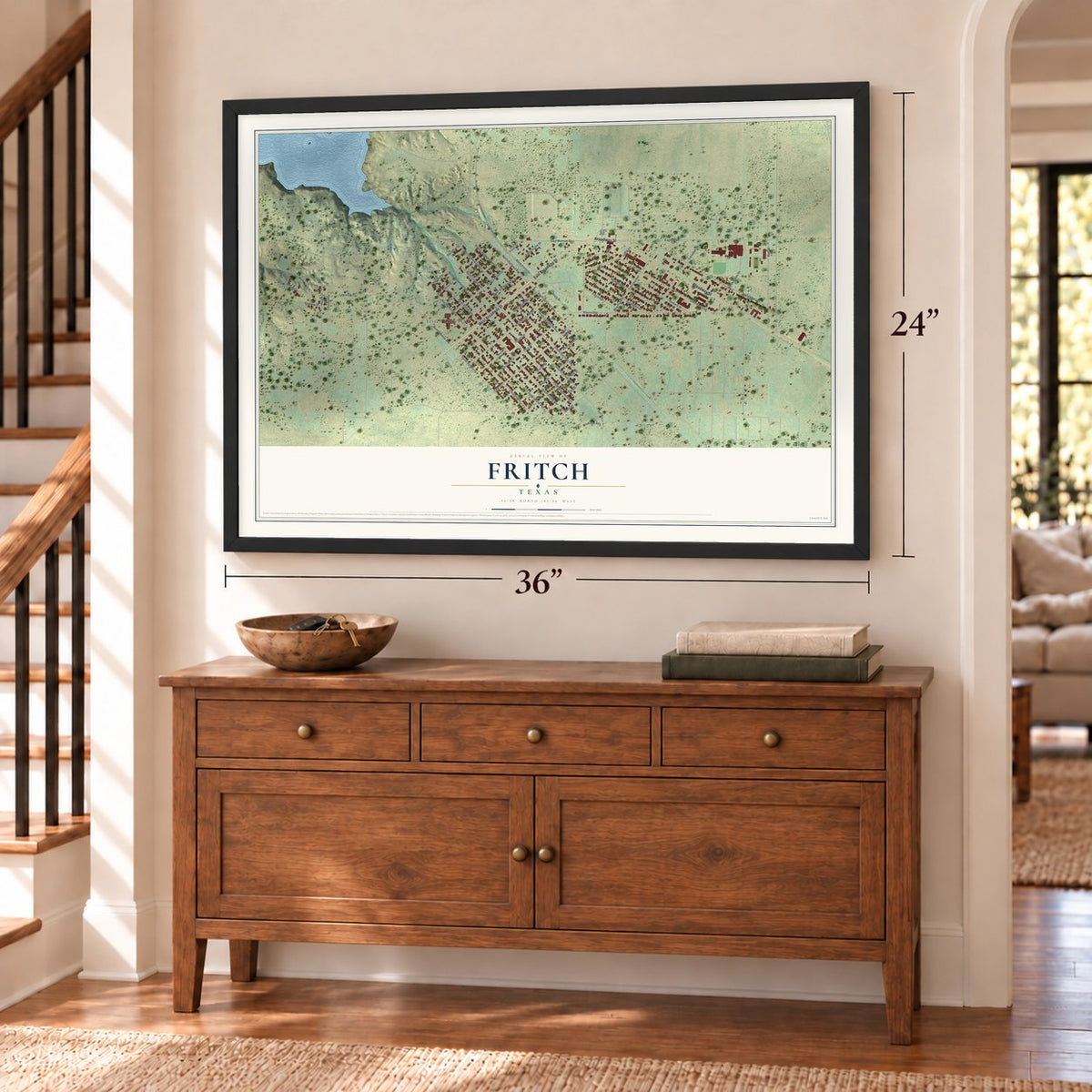 Fritch, Texas map, 24 x 36 inch print in a black frame above a dresser by a staircase