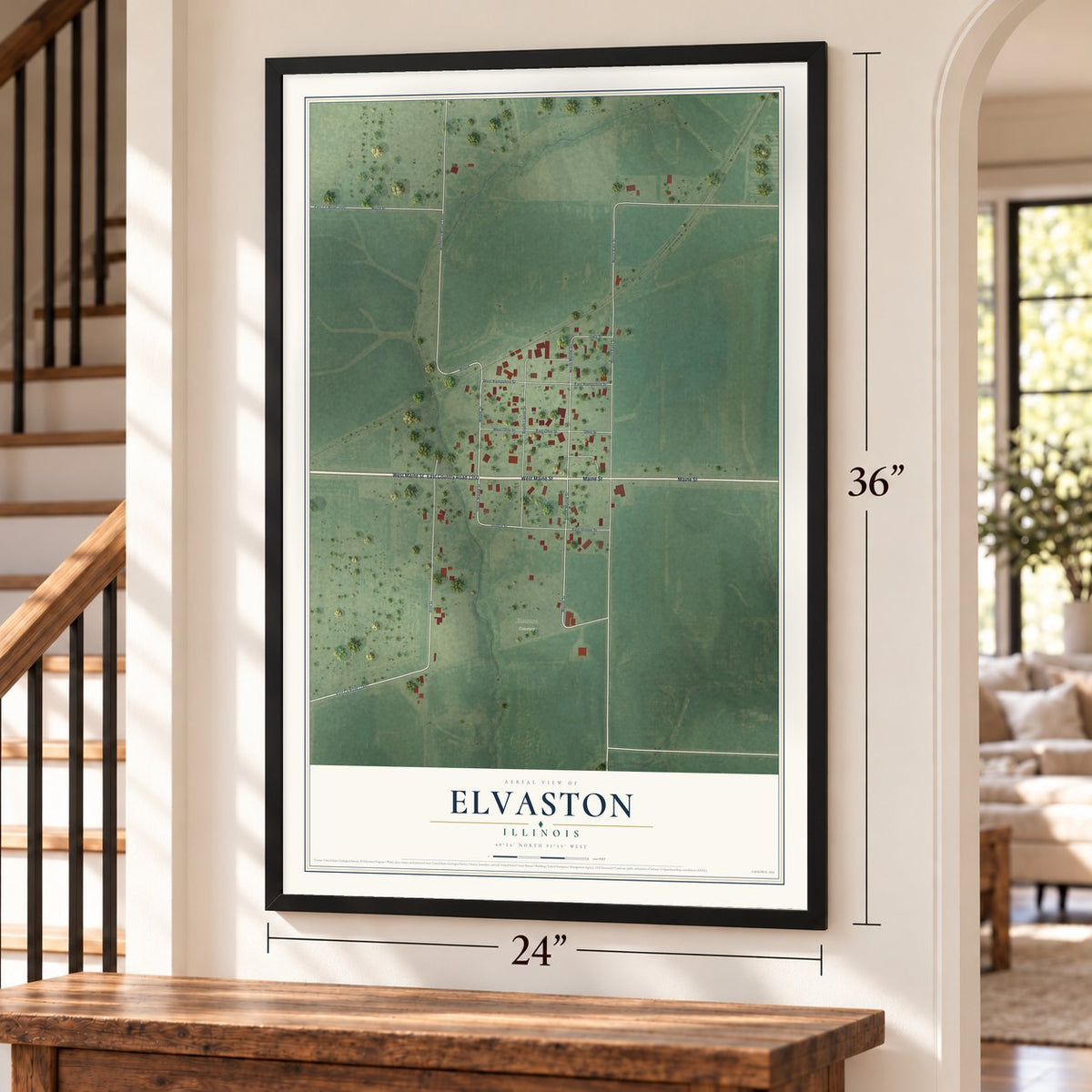 Elvaston, Illinois map, 24 x 36 inch print in a black frame by a staircase