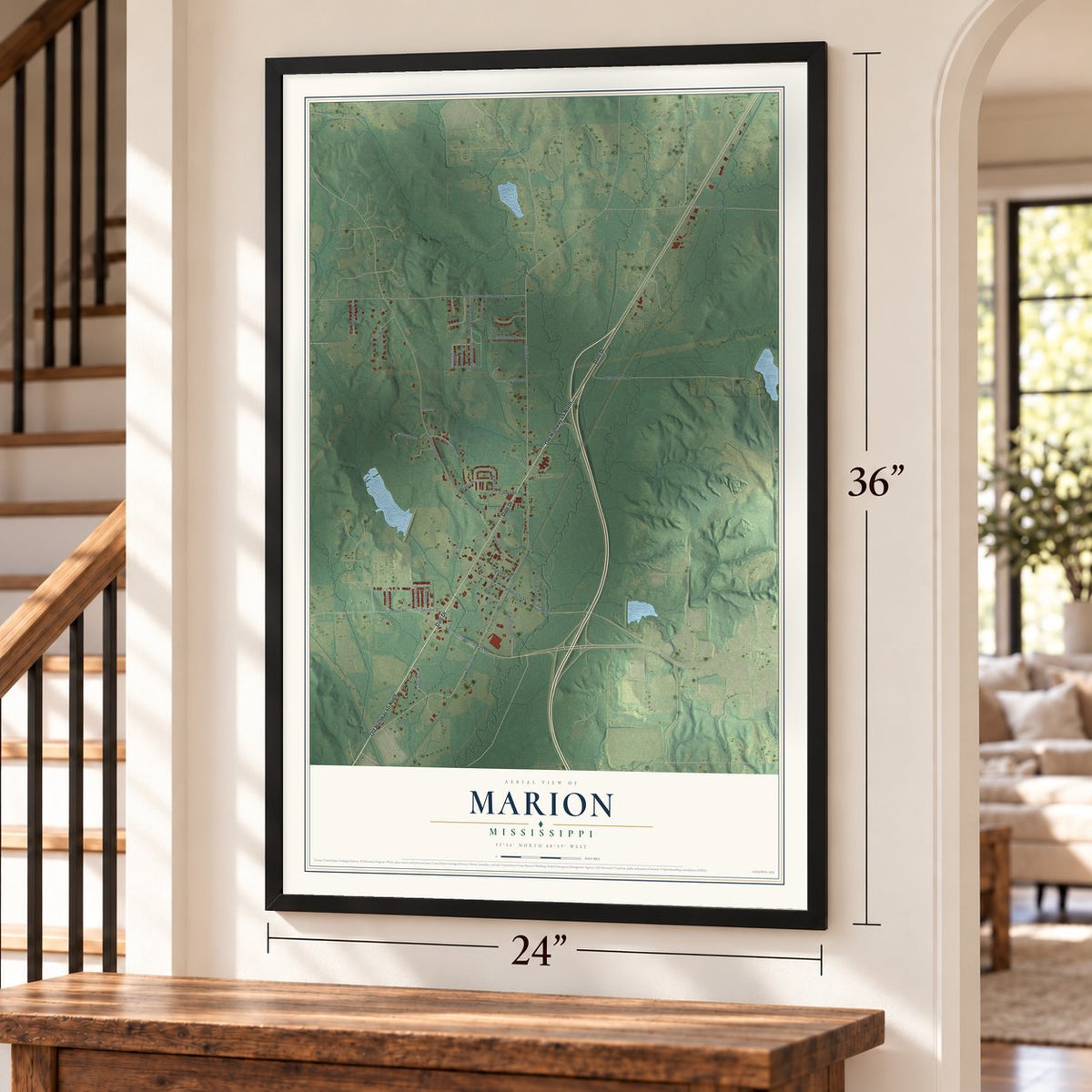 Marion, Mississippi map, 24 x 36 inch print in a black frame by a staircase