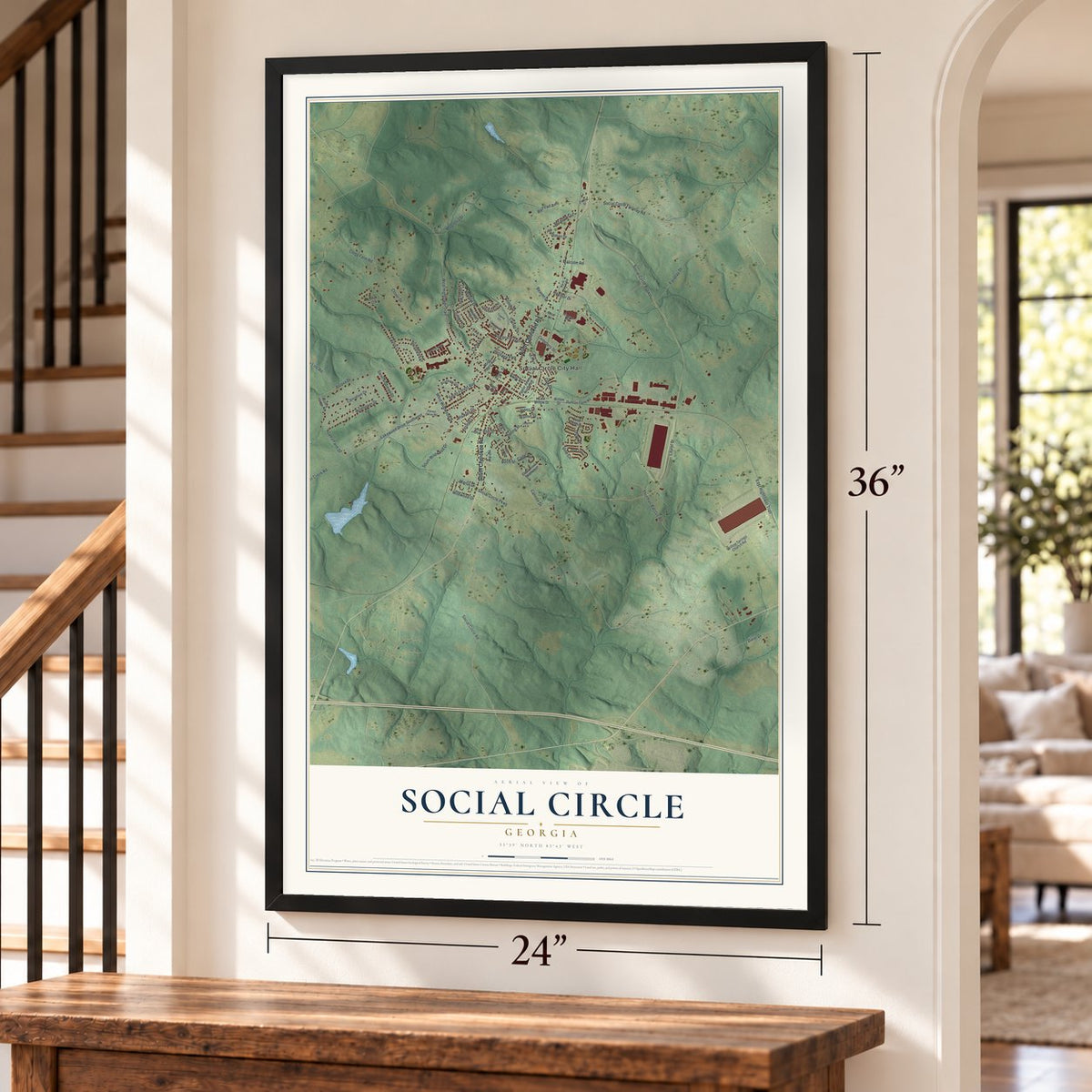 Social Circle, Georgia map, 24 x 36 inch print in a black frame by a staircase