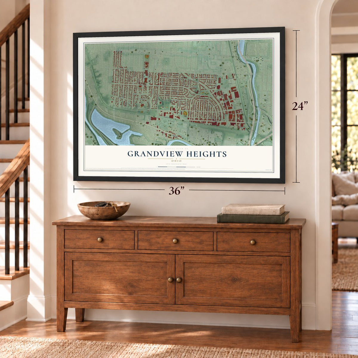 Grandview Heights, Ohio map, 24 x 36 inch print in a black frame above a dresser by a staircase