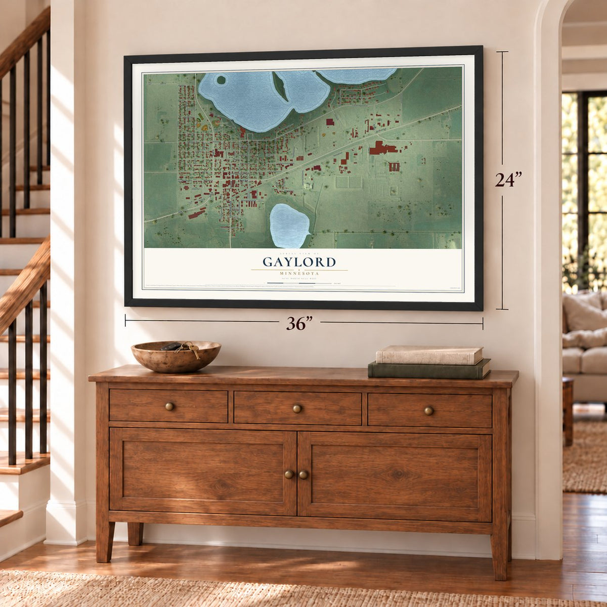 Gaylord, Minnesota map, 24 x 36 inch print in a black frame above a dresser by a staircase