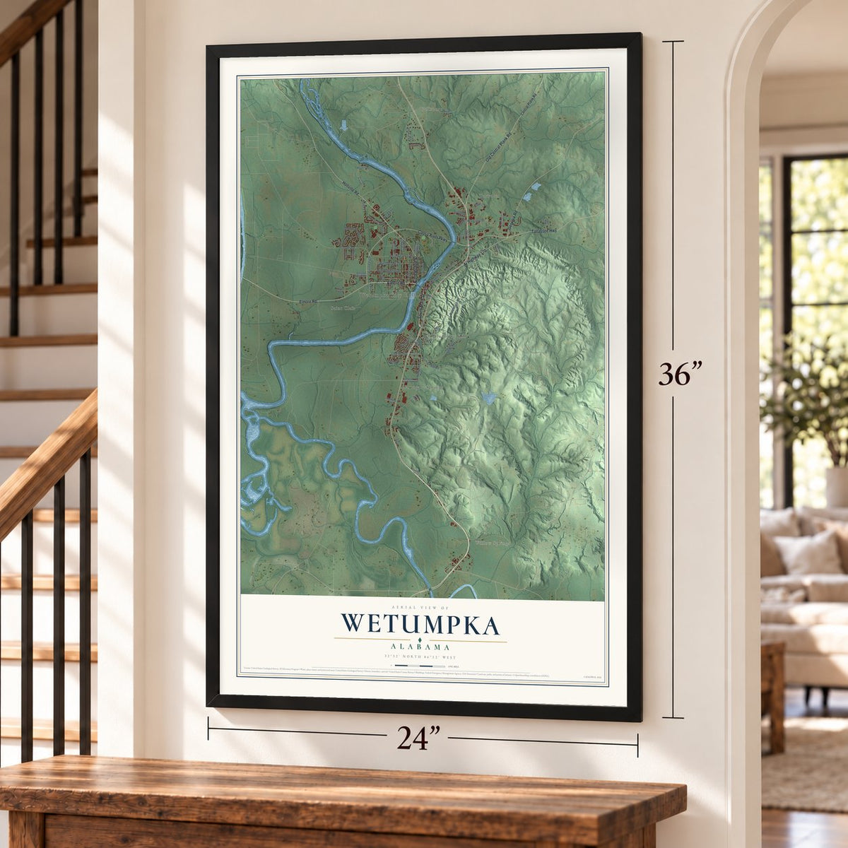 Wetumpka, Alabama map, 24 x 36 inch print in a black frame by a staircase