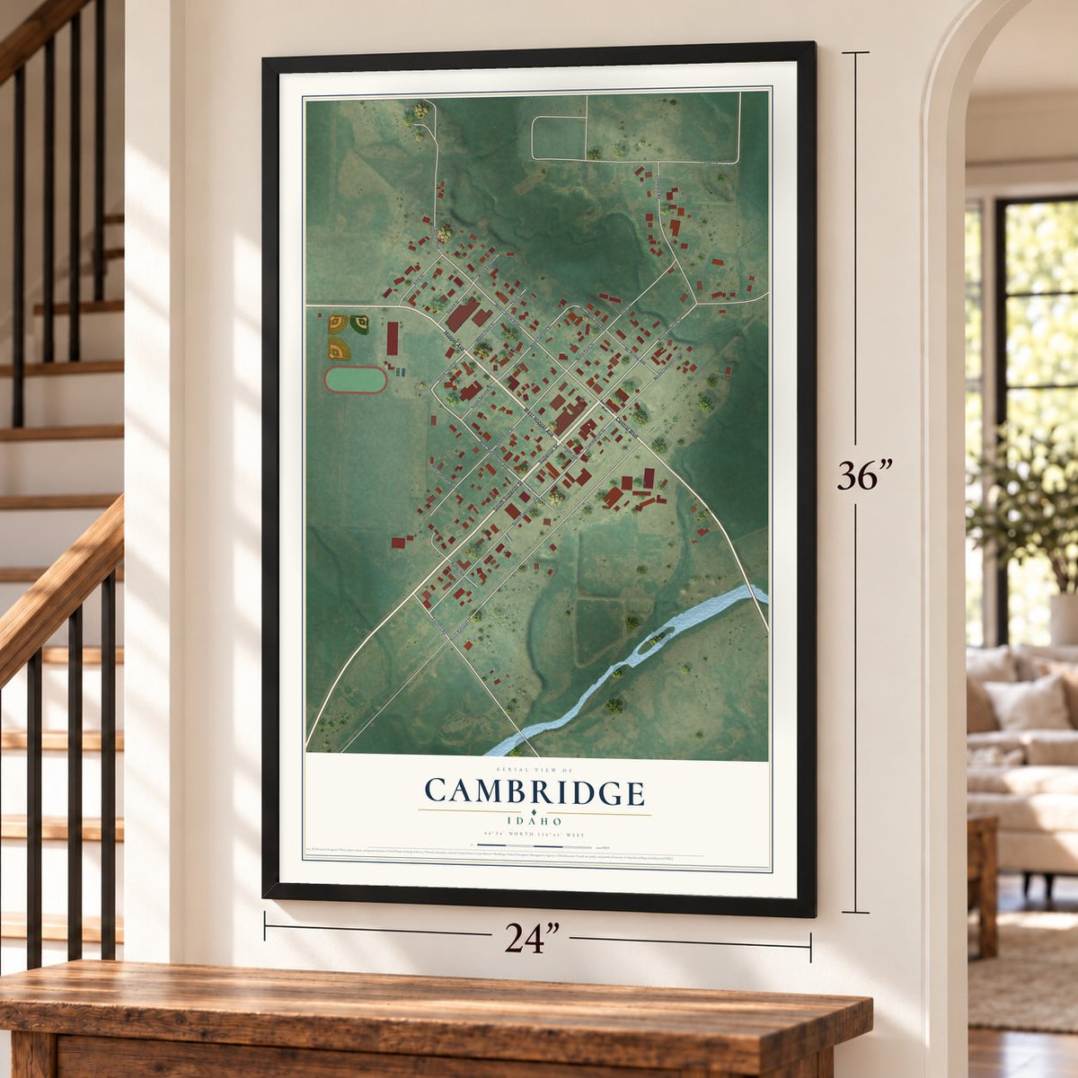 Cambridge, Idaho map, 24 x 36 inch print in a black frame by a staircase