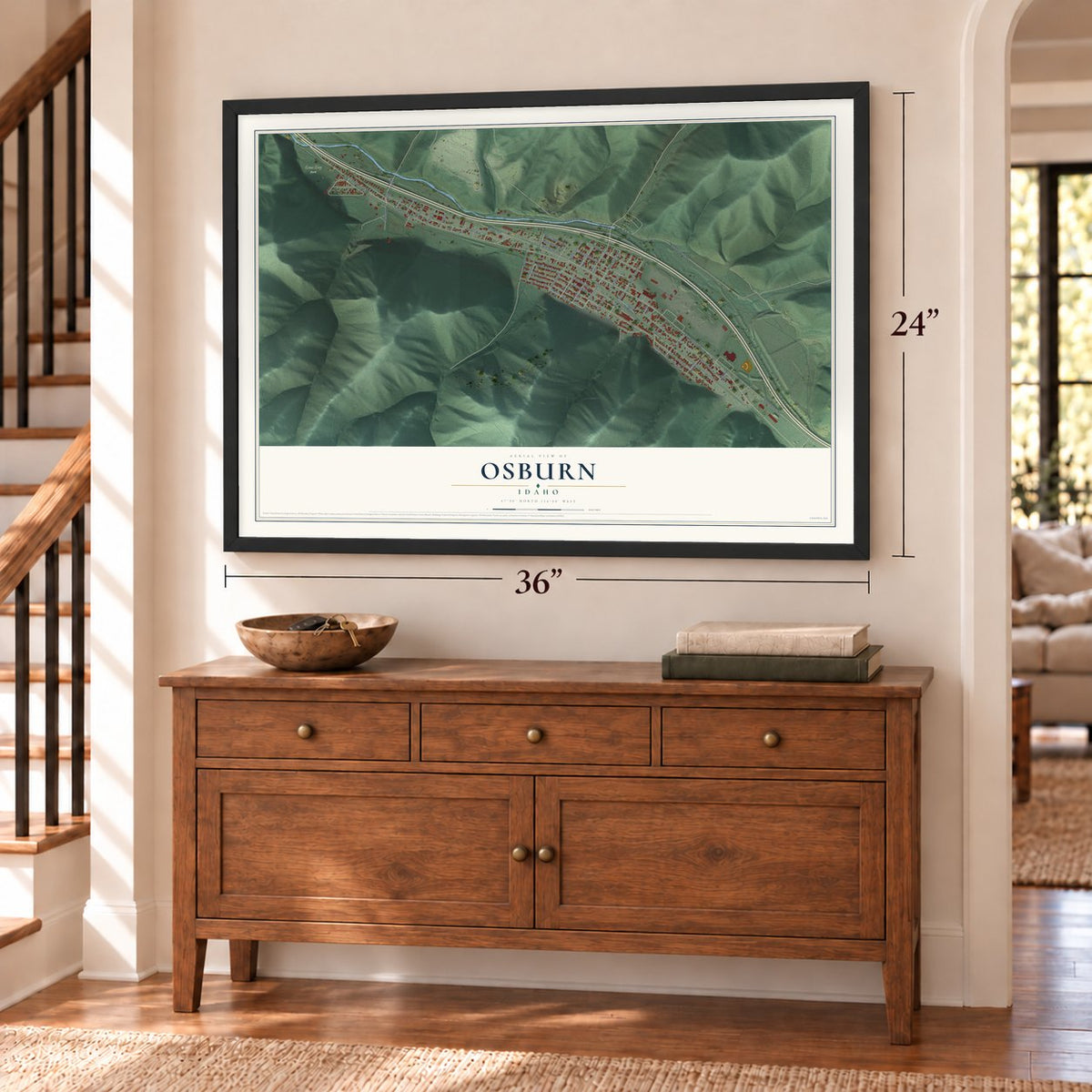 Osburn, Idaho map, 24 x 36 inch print in a black frame above a dresser by a staircase