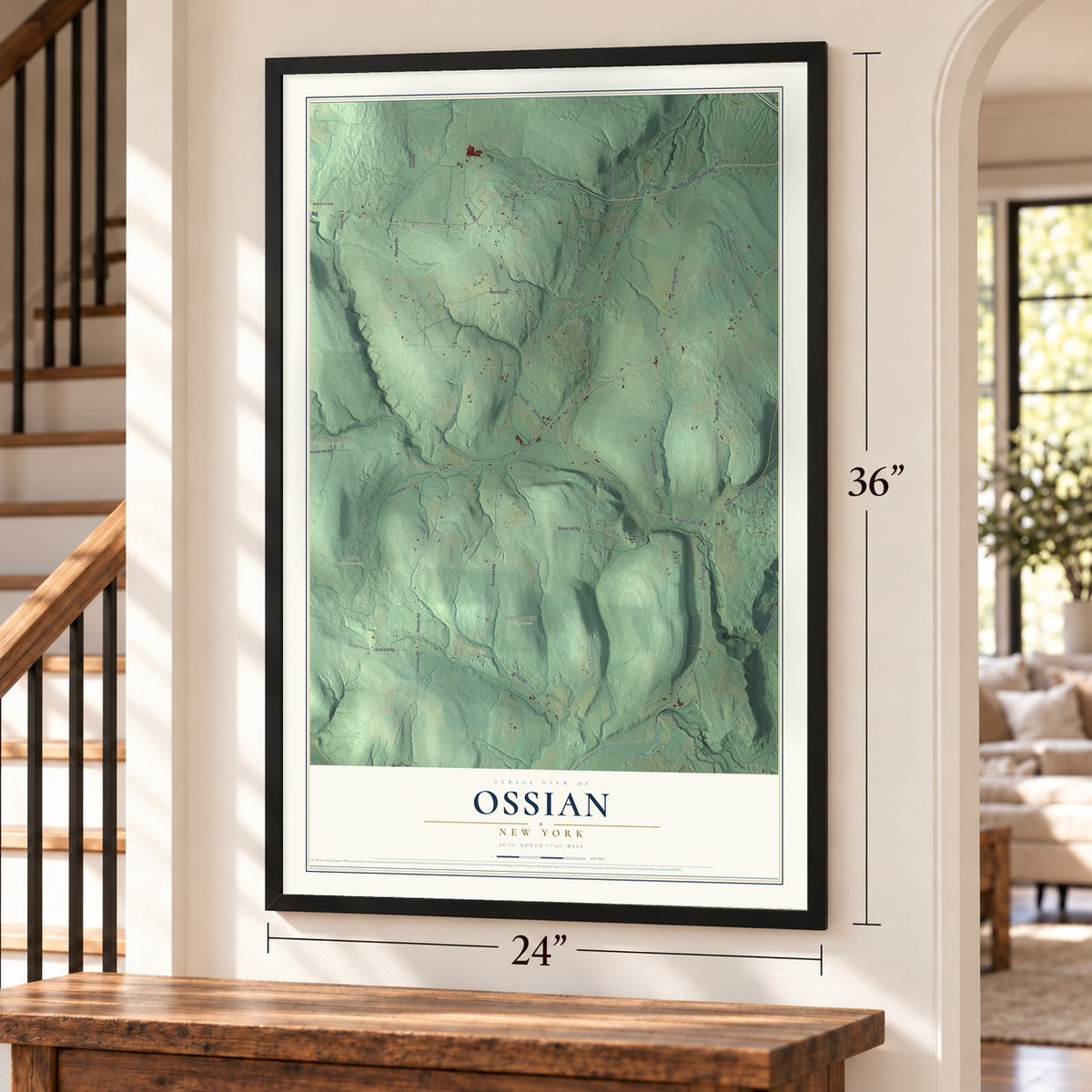 Ossian, New York map, 24 x 36 inch print in a black frame by a staircase