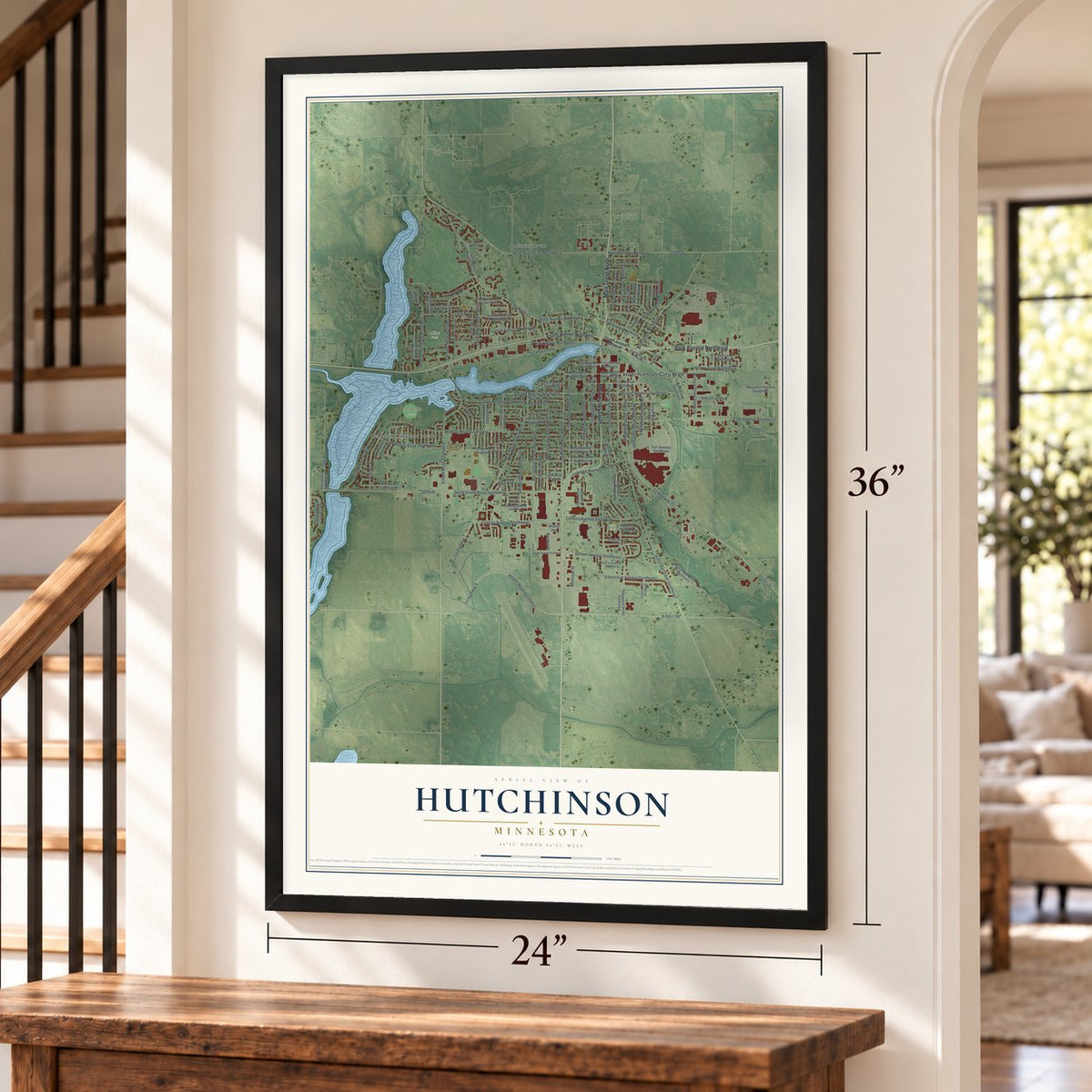 Hutchinson, Minnesota map, 24 x 36 inch print in a black frame by a staircase