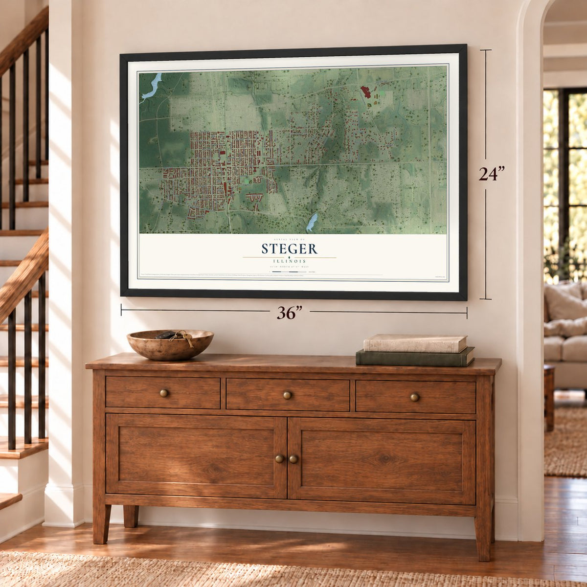 Steger, Illinois map, 24 x 36 inch print in a black frame above a dresser by a staircase