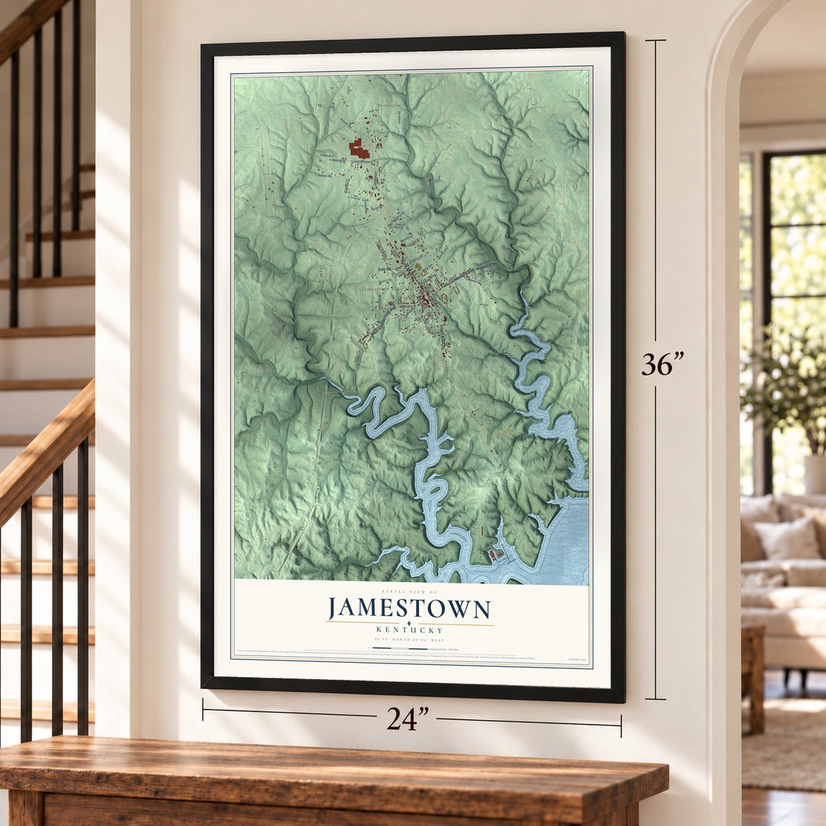 Jamestown, Kentucky map, 24 x 36 inch print in a black frame by a staircase
