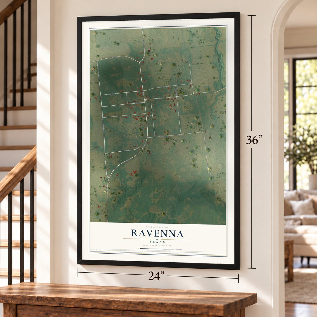 Ravenna, Texas map, 24 x 36 inch print in a black frame by a staircase